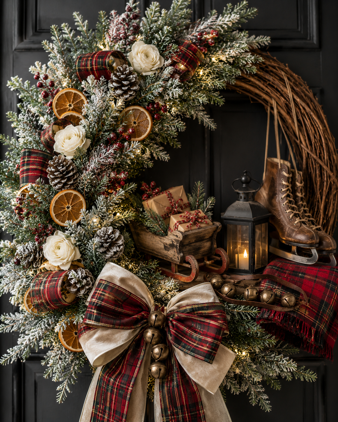 Sleigh Ride Christmas Wreath by Fable & Bough with tartan ribbon, dried oranges and festive winter details