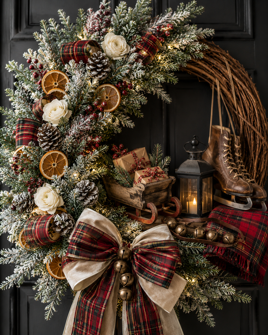 Sleigh Ride Christmas Wreath by Fable & Bough with tartan ribbon, dried oranges and festive winter details