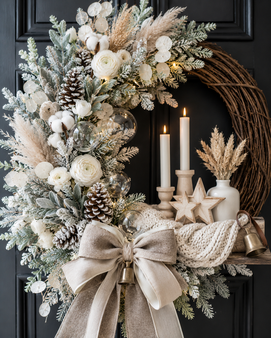 Nordic White Christmas Wreath by Fable & Bough with white florals, frosted greenery and neutral bow